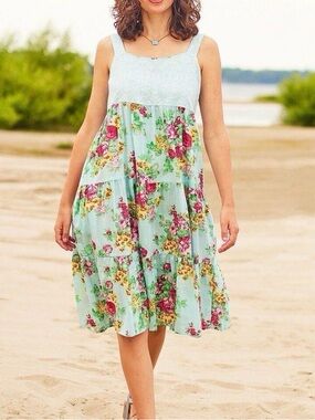 April Cornell Floral Tiered Midi Dress Cottagecore Blue Sleeveless Size Large
